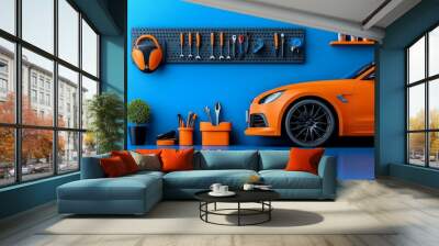 Garage upkeep and repair are depicted in a minimalist design focusing on the essential tools and equipment needed to maintain a functional and safe garage Wall mural