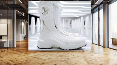 Generate high-fashion boots in monochrome white with avant-garde shapes, set in a futuristic, all-white minimalistic art gallery Wall mural