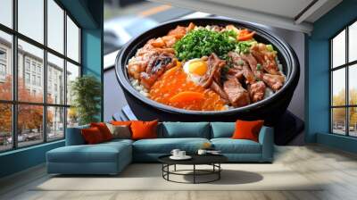 Japanese food, kamameshi, iron pot rice cooked with various meats, seafood, and vegetables for a flavorful, hearty meal Wall mural