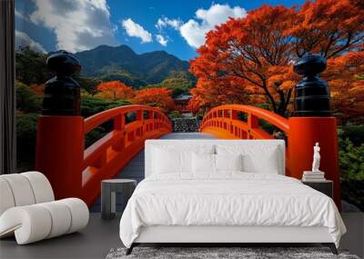 Japanese vermillion bridge at the entrance of a sacred site, depicted in an artwork that combines vibrant color with spiritual significance Wall mural