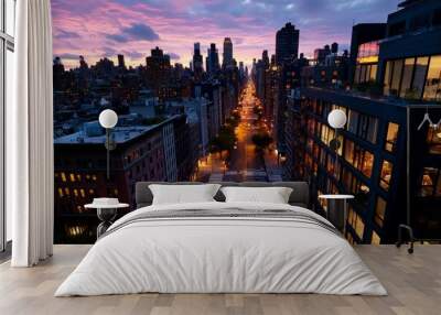 Manhattan sunrise over the city, with soft light illuminating the buildings and streets, creating a calm, early morning scene Wall mural