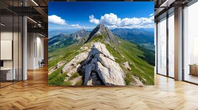 Panoramic photo, mountain range, towering peaks reveals the majesty of mountains stretching across the horizon Wall mural