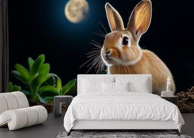 Rabbit darting across a moonlit field, illuminated by the soft glow of the full moon, a creature of the night Wall mural