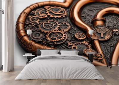 Simple steampunk heart design, with only the key gears and pipes visible in a clean, minimalist presentation Wall mural