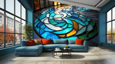 Stained glass window, a mosaic of blues and greens, waves of the sea brings the ocean to life in vibrant glass, capturing the motion of water Wall mural