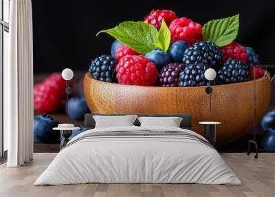 Still life, ripe berries, wooden bowl, natural light offer a glimpse of natureâ€™s bounty Wall mural