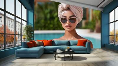 Stylish modern Arab woman wearing a turban, with sunglasses completing her look Wall mural