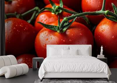 Tomato Red, Juicy, and Vine-Ripened shown in a close-up of a vine of ripe tomatoes, their rich color and juicy texture emphasized by the natural sunlight Wall mural