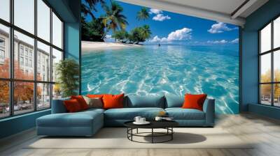 Tropical scenery, palm trees, crystal-clear waters evoke a sense of paradise on a distant island Wall mural