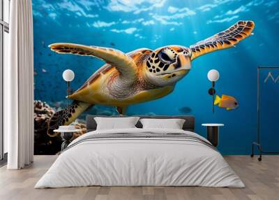 Turtle gliding over a coral reef, surrounded by colorful fish and vibrant marine life in an underwater paradise Wall mural