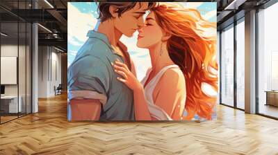 Illustration of a beautiful young couple in love Wall mural