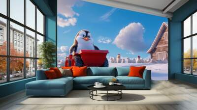 Adventurous penguin in a winter wonderland with friends Wall mural