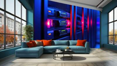 Colorful server room with illuminated network equipment. Wall mural