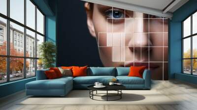 Portrait of a young woman with a digital grid overlay. Wall mural