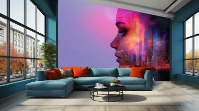 Profile silhouette with colorful city lights Wall mural