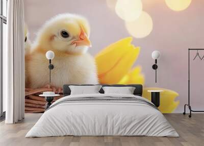 Two cute chicks beside yellow tulips. Wall mural