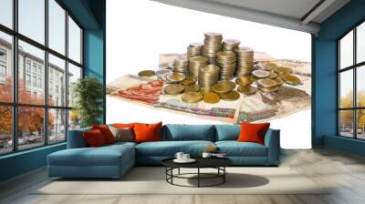 Egyptian money pounds and piastres. Paper notes and metal coins of various denominations. Wall mural