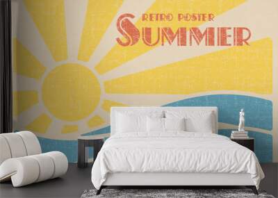 Summer retro poster. Sun over the sea waves. Vintage grunge style Wall mural