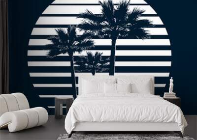 Sunset on tropical beach with palm tree. Sun on evening sea. Wall mural