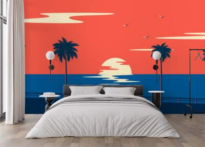 Sunset summer tropical beach with palm trees and sea. Nature landscape and seascape.  Wall mural