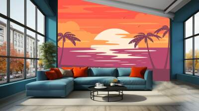 Sunset summer tropical beach with palm trees and sea. Nature landscape and seascape.  Wall mural