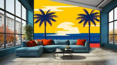 Sunset summer tropical beach with palm trees and sea. Nature landscape and seascape. Wall mural