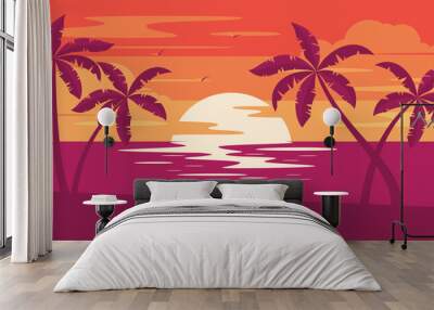 Sunset tropical beach with palm trees and sea. Nature landscape and seascape.  Wall mural