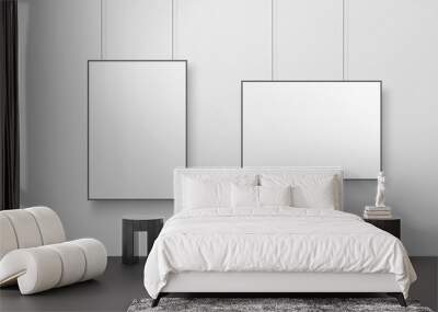 White posters with black frame mockup.  Empty white A4 sized paper hanging on gray wall Wall mural