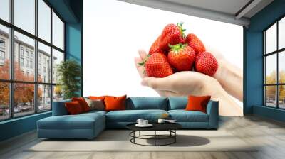 Hand with fresh strawberries on white background Wall mural