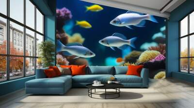 A green beautiful planted tropical freshwater aquarium with fishes.Freshwater aquarium fish, The Sail-fin molly, (Poecilia velifera ), gold, white, silver and dalmatin mutation Wall mural