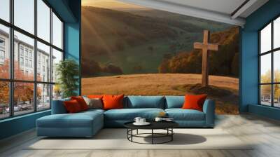 Ascension day concept. The cross on meadow autumn sunrise background. 4K wallpaper design Wall mural