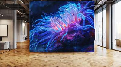 Dive into the mesmerizing depths of the bioluminescent ocean, where vibrant sea anemone tentacles electrify the water in a captivating display of wild nature's power wallpaper. Wall mural