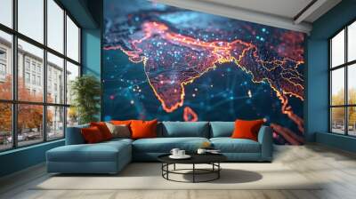 Stunning 8k stock photo of a India map with glowing network connections. Ideal for business, cyber technology, IoT concepts, and cityscape data transfer themes. Wall mural