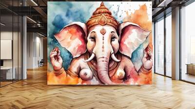 Watercolor-style image of Hindu god Ganesha, showcasing artistic finesse. Ideal for spiritual and cultural themes, enhancing the divine aura in design projects. Wall mural