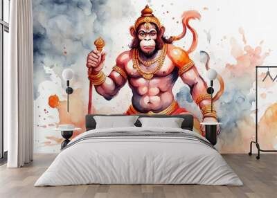 Watercolor-style image of Indian god Hanuman, showcasing artistic finesse. Ideal for spiritual and cultural themes, enhancing the divine aura in design projects. Wall mural