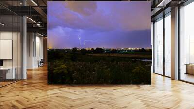 Intracloud lightning thunderbolt IC strikes at night above a city. Wall mural