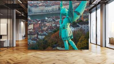 Statue of Saint Michel and the view over Lyon from basilique Notre-Dame de Fourvière, Lyon, France. Wall mural