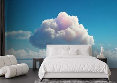 A fluffy white cloud with a rainbow emerging from its base against a blue sky. Wall mural