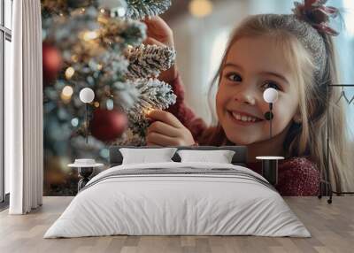 Little girl decorating a Christmas tree with ornaments. Wall mural