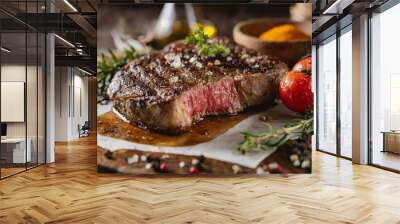 Generated image  product shot of a juicy steak , artisan, rustic, food photography, delicious, close up shot Wall mural