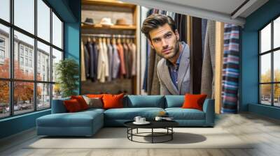 A young handsome man looks out of the fitting room of a men's clothing store. Wall mural