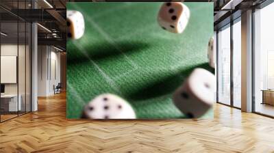 Dice game. Dice on the table. Illuminated with a contrasting light. Long shadows on the diagonal. Wall mural