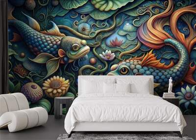 Two fish swimming in a pond with flowers and plants. The fish are blue and orange. The painting is colorful and lively. Wall mural