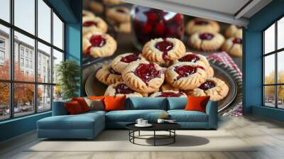 A close-up shot of a stack of homemade cherry filled cookies on a silver plate Wall mural