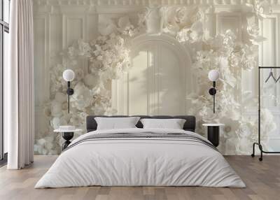 White arched door surrounded by white paper flowers. Photographic studio background. Wall mural