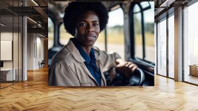 'african portrait bus american school driver 40s adult automobile bald black casual attire content driving employment photogenic happiness happy horizontal indoor job' Wall mural