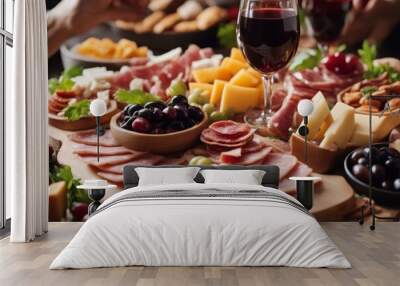 'appetizers table fferents antipasti cheese charcuterie snacks wine sausage ham tapas olives crackers buffet party olive accessing food french closeup dish catering spicey snack meat italian epicure' Wall mural