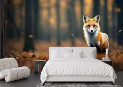 'autumn wild nature habitat red cute vulpes orange wildlife fox leaves beautiful fall animal scene czech portrait forest detail running landscape europa action eye dog little canino snow furry fauna' Wall mural