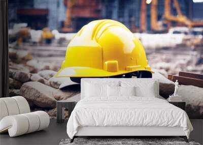 'background site construction concept joining together engineer workman project safety hat helmet hard yellow meeting industry architectural destination reading business suit fresh bright' Wall mural