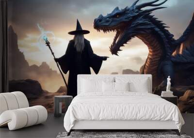 'black painting wizard art summoning dragon style illustration magic wand gital fantasy imagination artwork spell sorcerer magician fight wing scene power light man monster creature plaster bandage' Wall mural